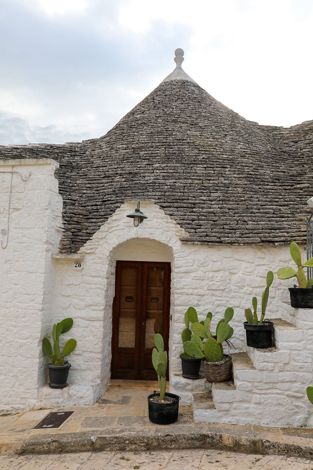 Potted cacti lined on a staircase outside a trullo. Spending the night in a trullo is one of the best things to do in Alberobello, Italy.