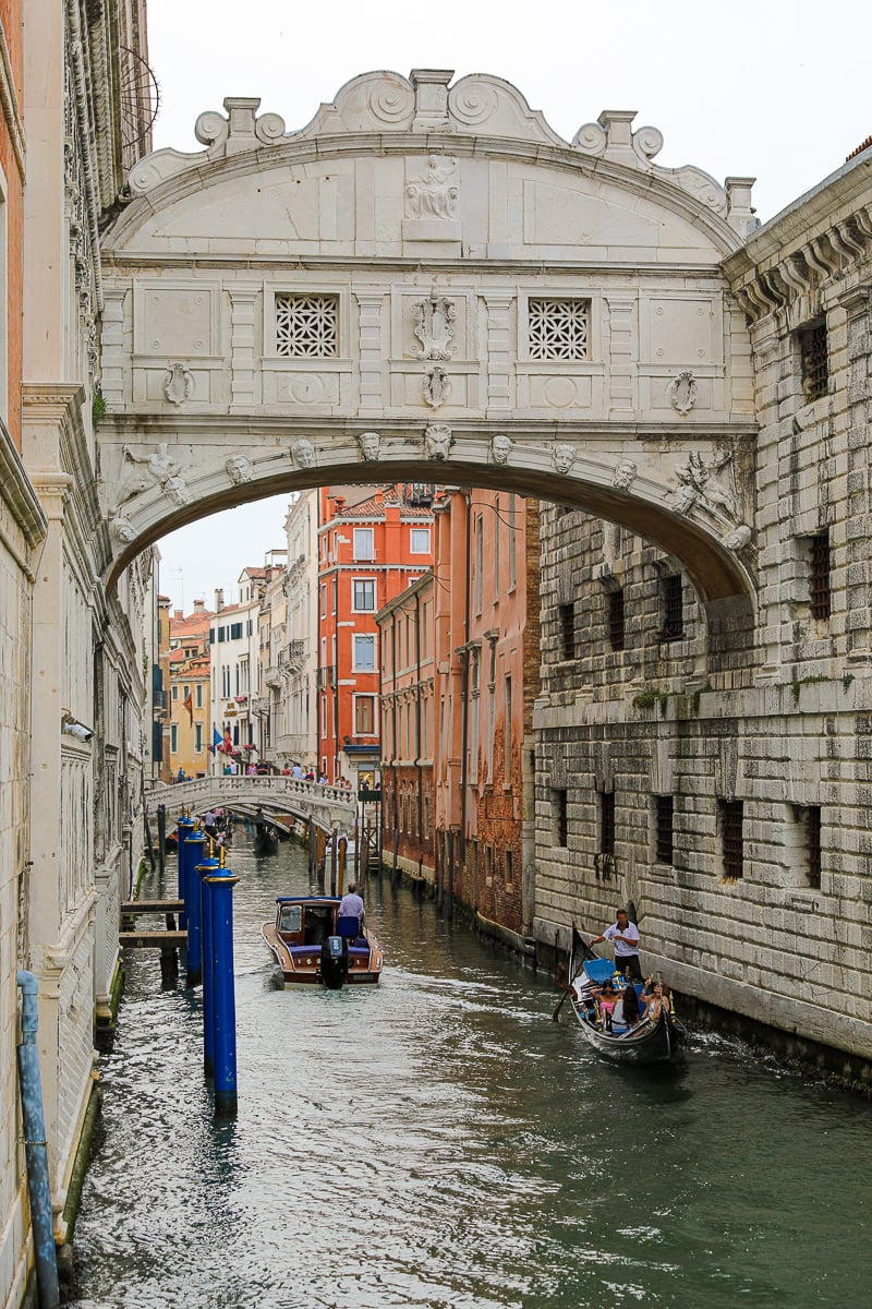 The Bridge of Sighs with gondolas floating beneath it
