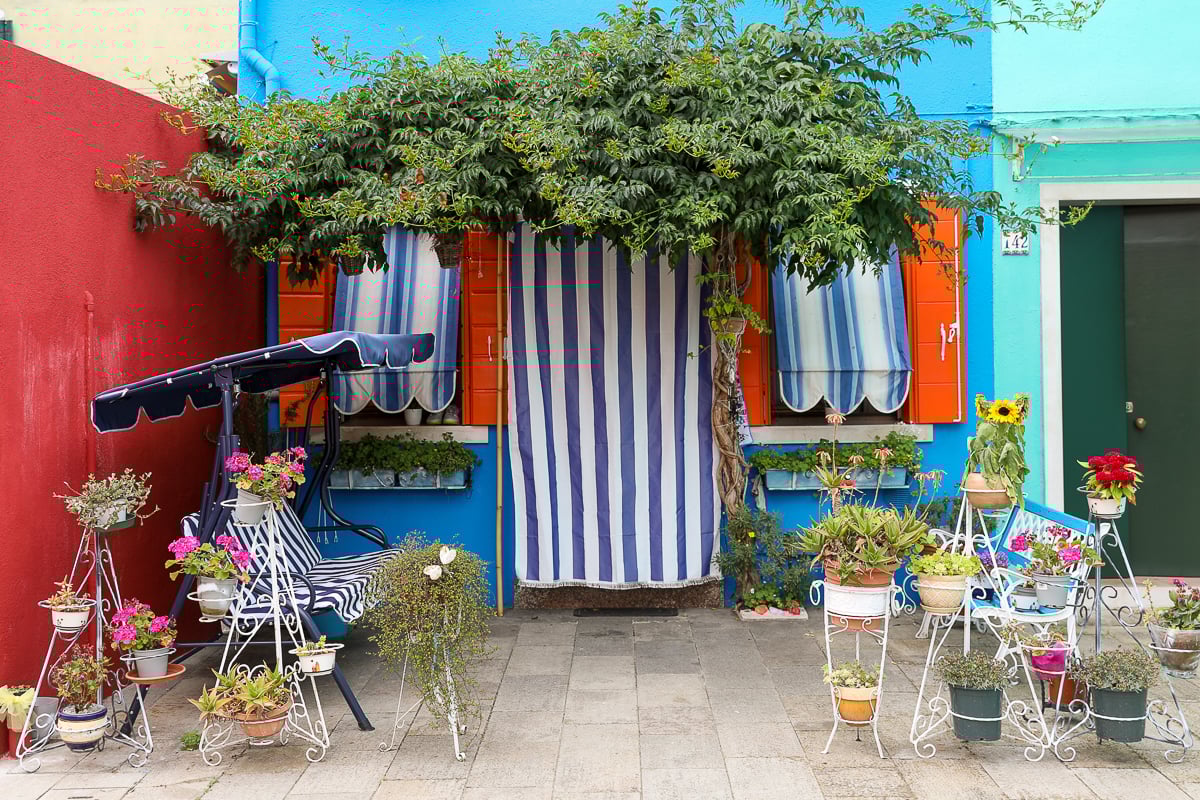 Colorful shop decorated with several potted flowering plants in Burano. Don't forget to review this guide before going to your Murano and Burano tour so you don't miss other interesting experiences.