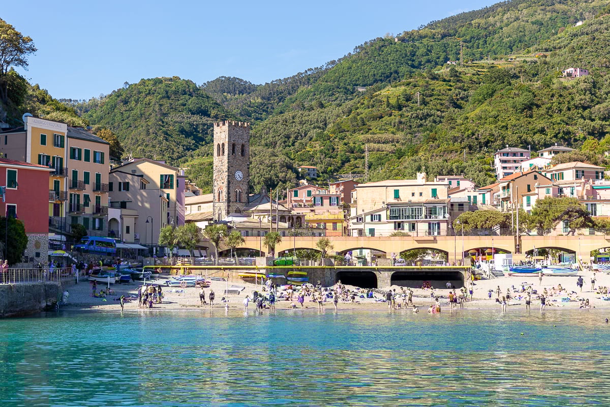 A beautiful view of Monterosso from the ferry - visiting this town is a must-do on a Cinque Terre day trip from Florence