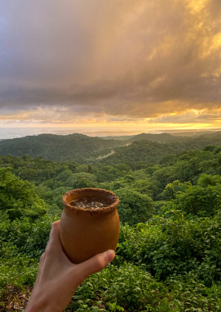Holding a cocktail while overlooking the lush jungles of Nosara
