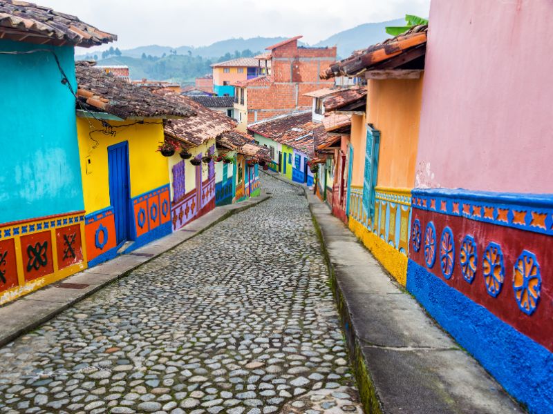 Colorful cobblestone street in Guatape -the most colorful town in Colombia