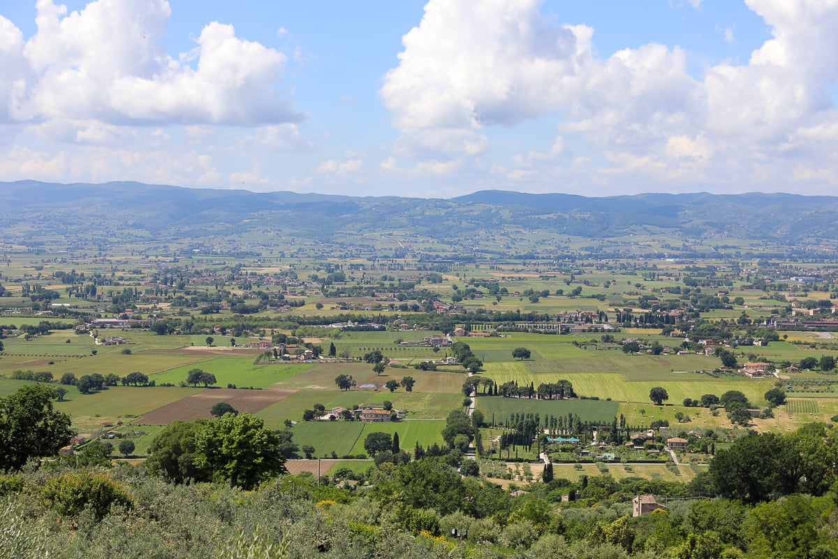 Green fields and farms in the countryside near Spello