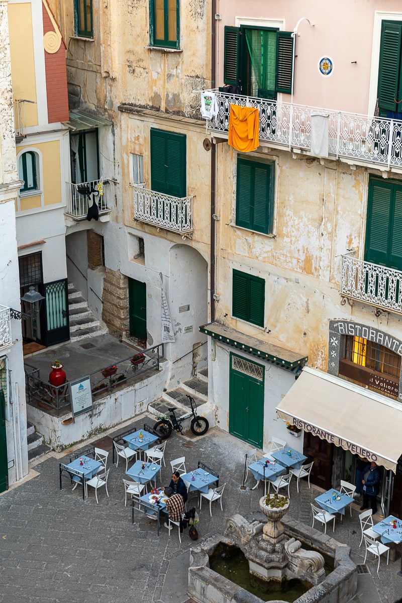 Outdoor dining area of Ristorante Il Veliero in Atrani. Visiting this small town is one of the things to do in Amalfi Coast.