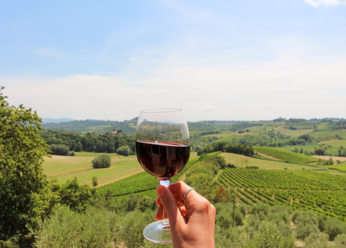 Holding up a glass of wine at a Tuscan vineyard. A day trip around Tuscany is one of the best things to do during your 3 days in Florence.
