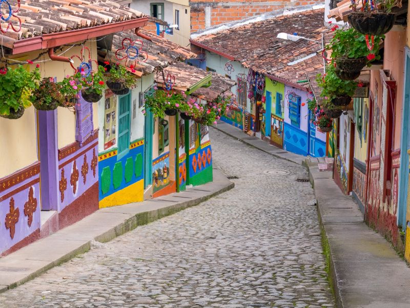 Colorful cobblestone street in Guatape, Colombia