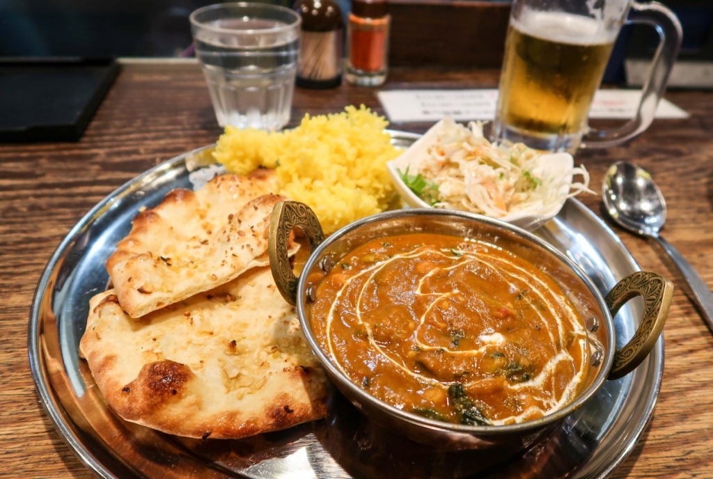 Dahl with basmati rice and garlic naan at a Nepalese restaurant