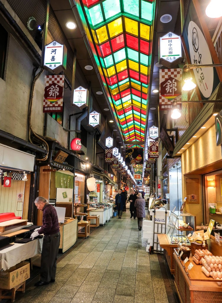 Colorful ceilings and signages at Nishiki Market