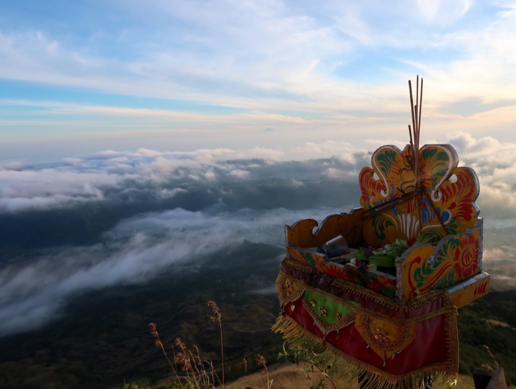 Colorful, decorated wooden chair along the trail while hiking Bali's Mount Batur at sunrise