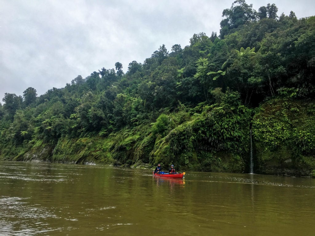Rowing a canoe on the calm river surrounded by lush forest trees