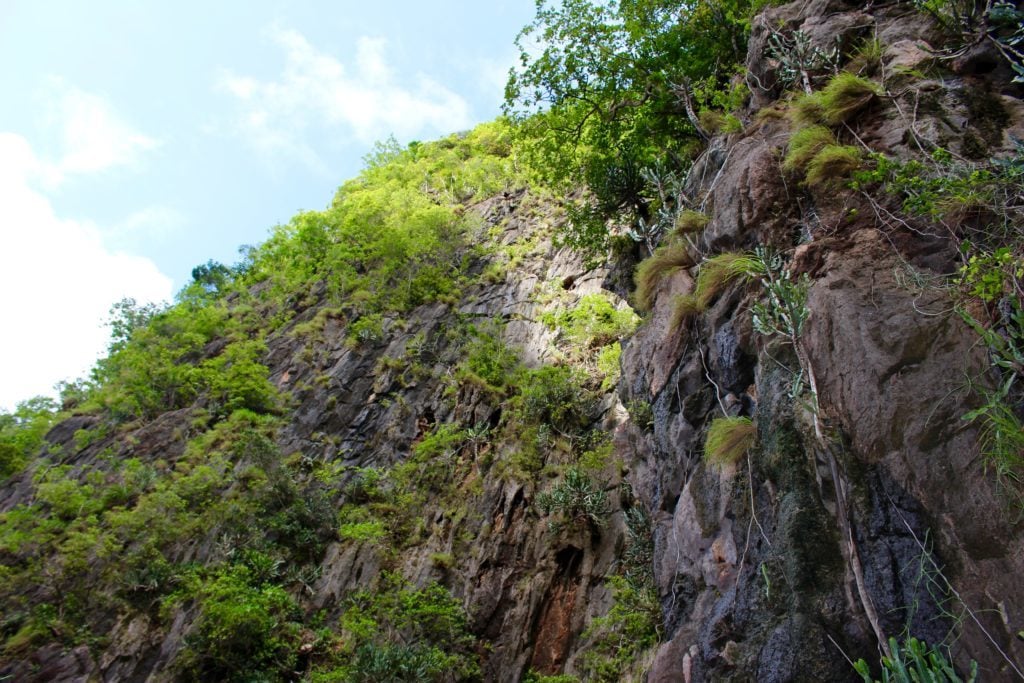 Tall rock formation covered with grass and moss as seen during our island hopping in Thailand