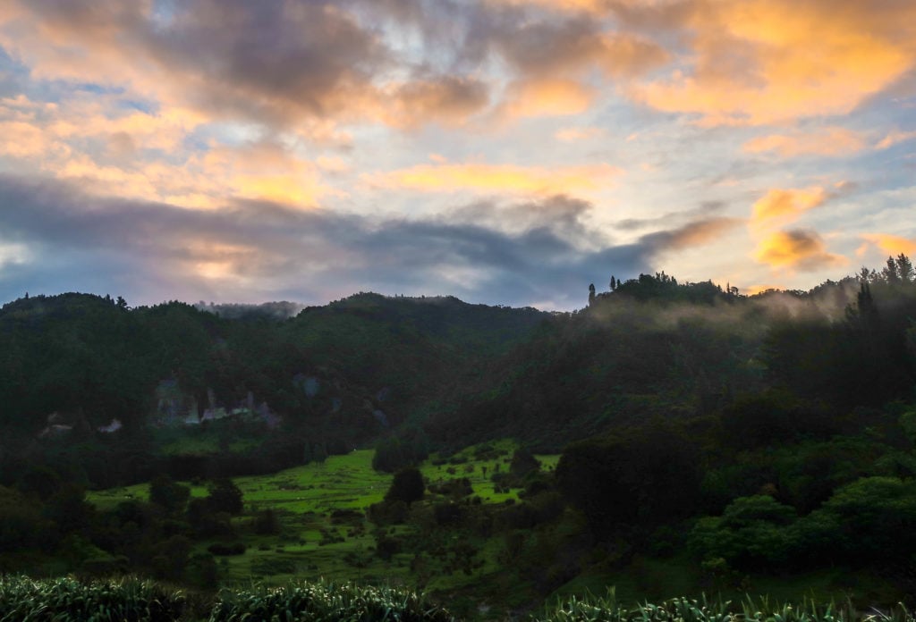 Dramatic sunset over the lush forests and the river