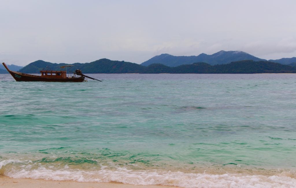 Small boat near the beach on a cloudy day