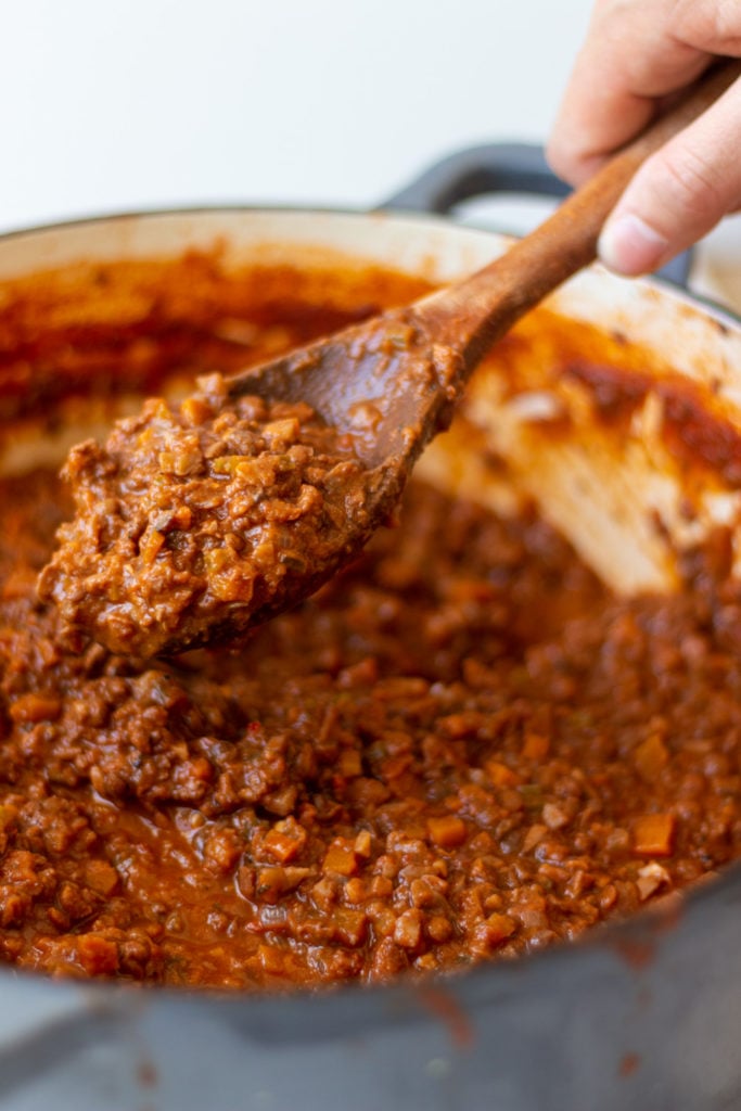 This is the vegan bolognese sauce for the best vegetable lasagna. It is made with lentils, mushrooms, and walnuts.
