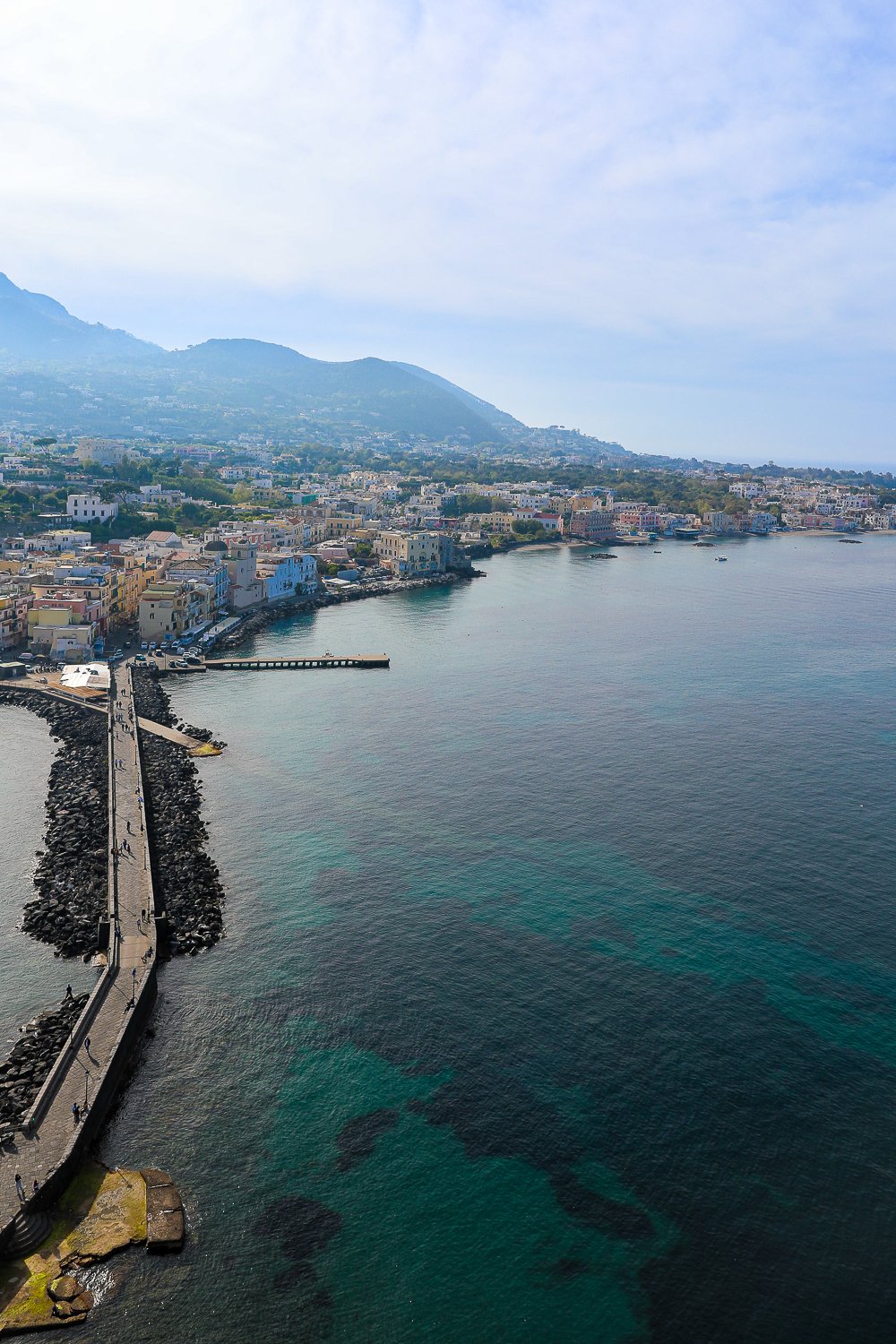 Blue-green waters surrounding Ischia Ponte in Italy