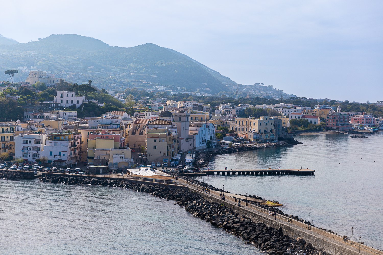 View of Ischia Ponte and its nearby colorful Italian villages