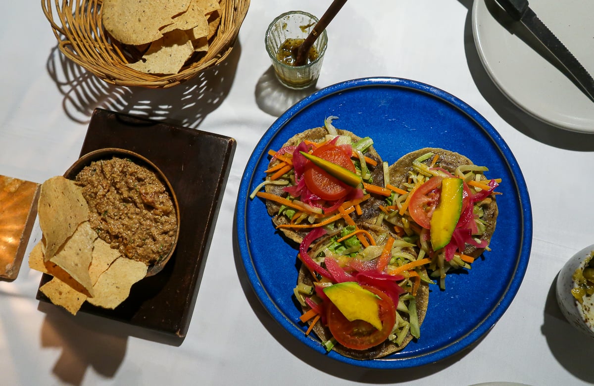 Sikil pak and panuchos at a Yucatecan restaurant