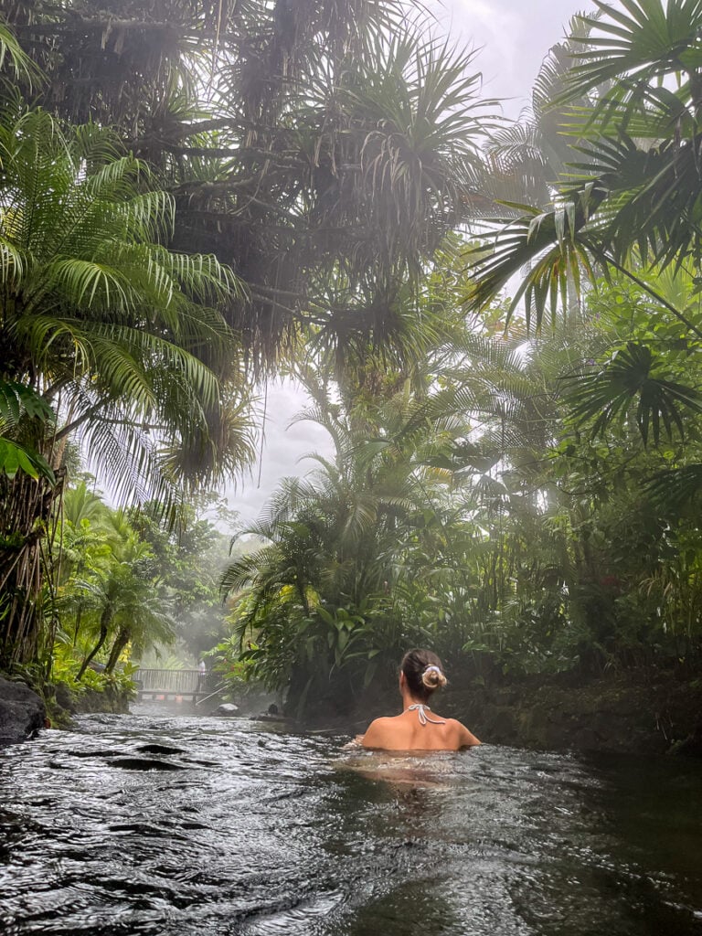 Maddy relaxing in hot springs in La Fortuna. This experience must be included in your Costa Rica itinerary.