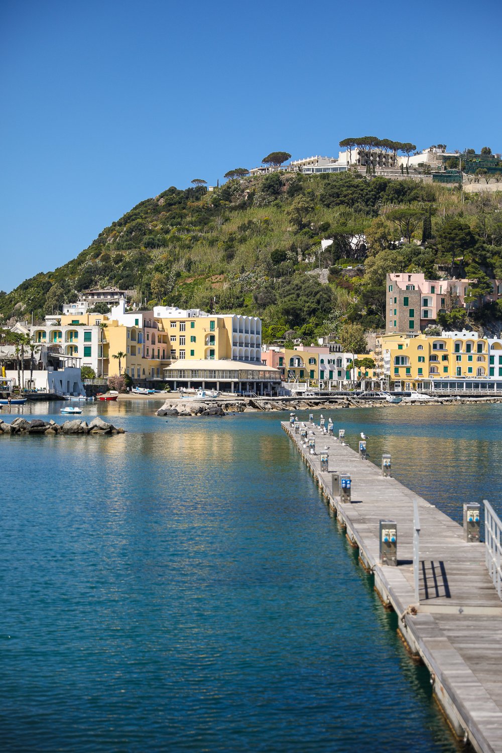 Port of Lacco Ameno on a sunny day. Visiting this place is one of the best things to do in Ischia, Italy.