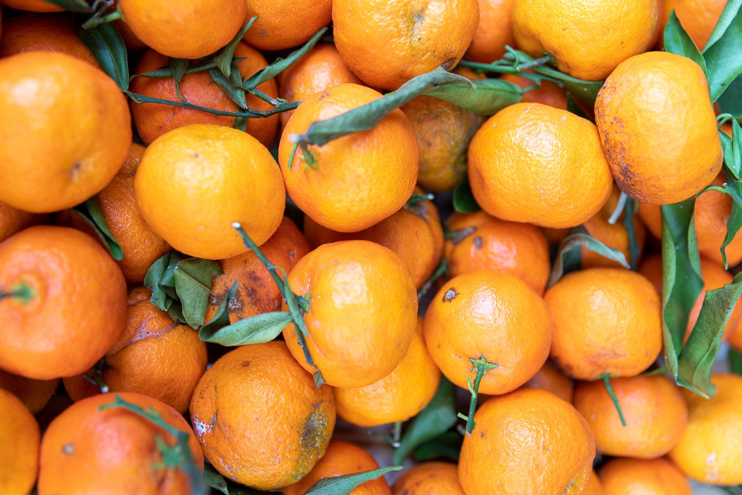a box filled with oranges with the stems and leaves still on
