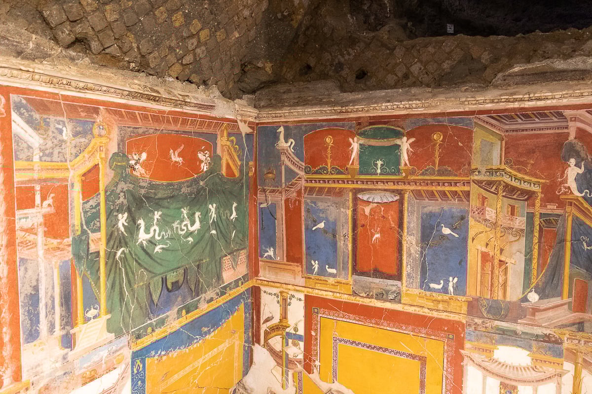 Beautiful frescoes inside the Museo Archaeologico Romano in Positano. Visiting an ancient Roman villa is one of the top things to do in Amalfi Coast.