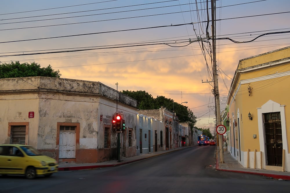 Quiet intersection road in Merida at dusk