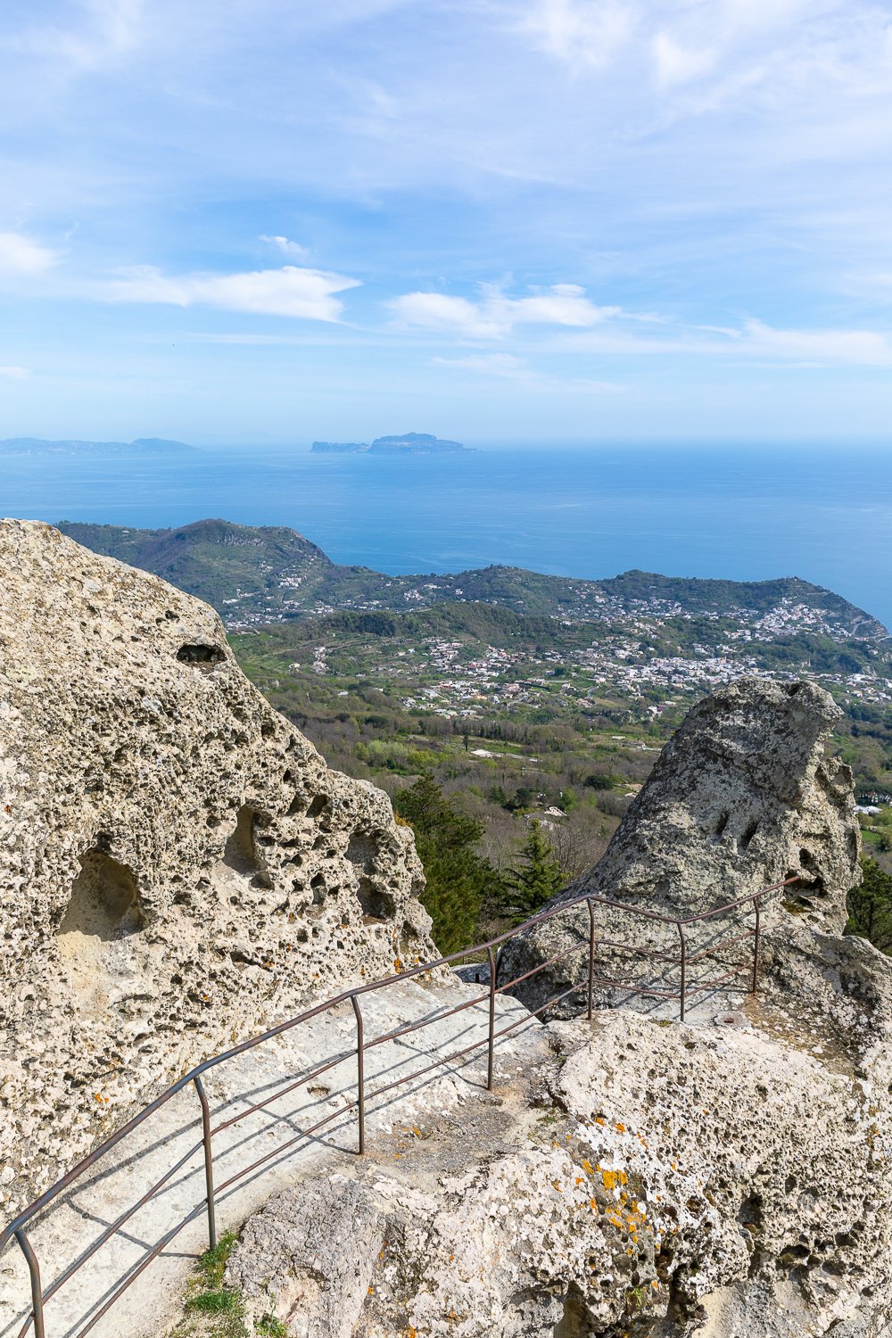 Hiking trails of Mount Epomeo overlooking the villages in Ischia, an island neighboring Capri