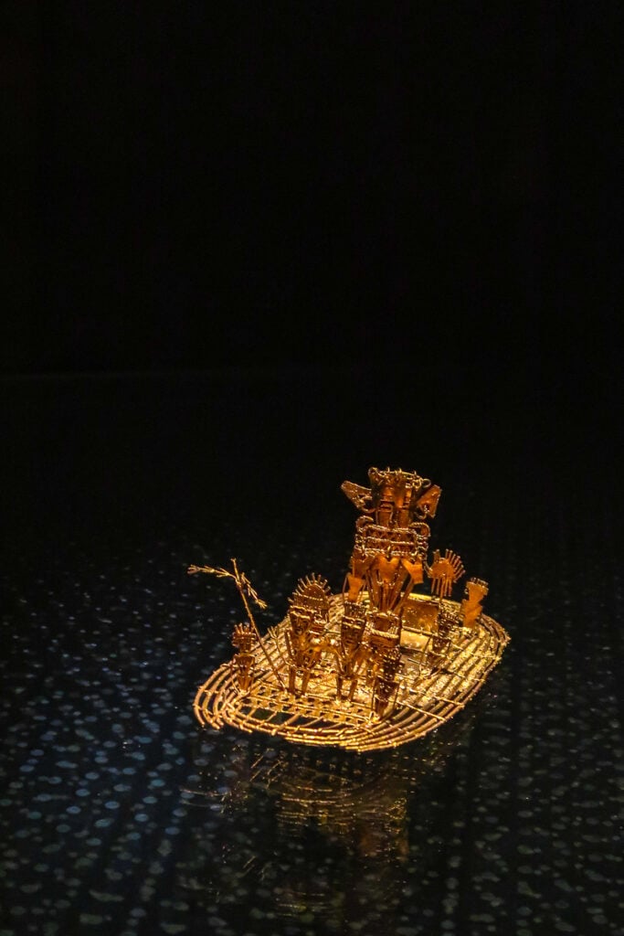 The Muisca Raft, a golden statue at the Gold Museum. Visiting this museum is one of the best things to do in Bogota, Colombia.