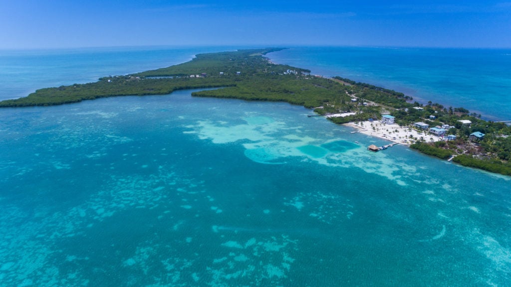 Aerial view of the north island of Caye Caulker - one of the best things to do there is visiting the beach at the Northside Beach Club