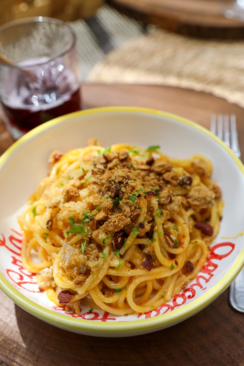 Delicious pasta served on a ceramic bowl at Agricola Fore Porta, Amalfi