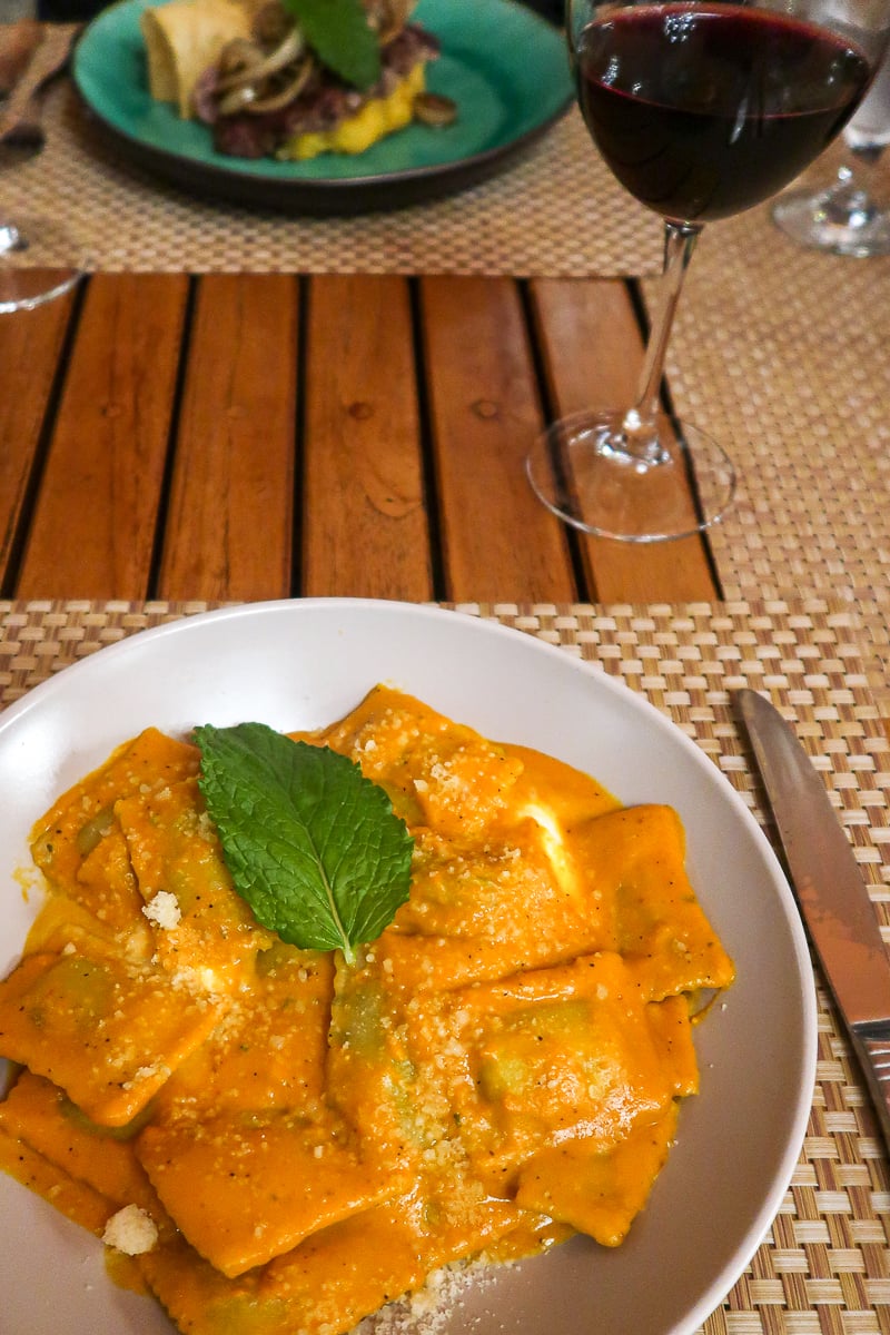 Delicious plate of ravioli and a glass of red wine at El Sapo, one of the best restaurants in Monteverde