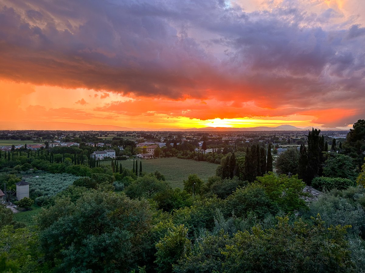 Red-orange sunset in Spello, a gorgeous hill town in Umbria, Italy
