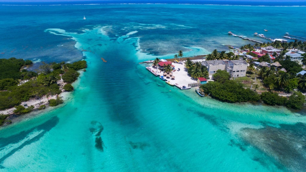 Aerial shot of The Split - hanging out here is one of the best things to do in Caye Caulker, Belize
