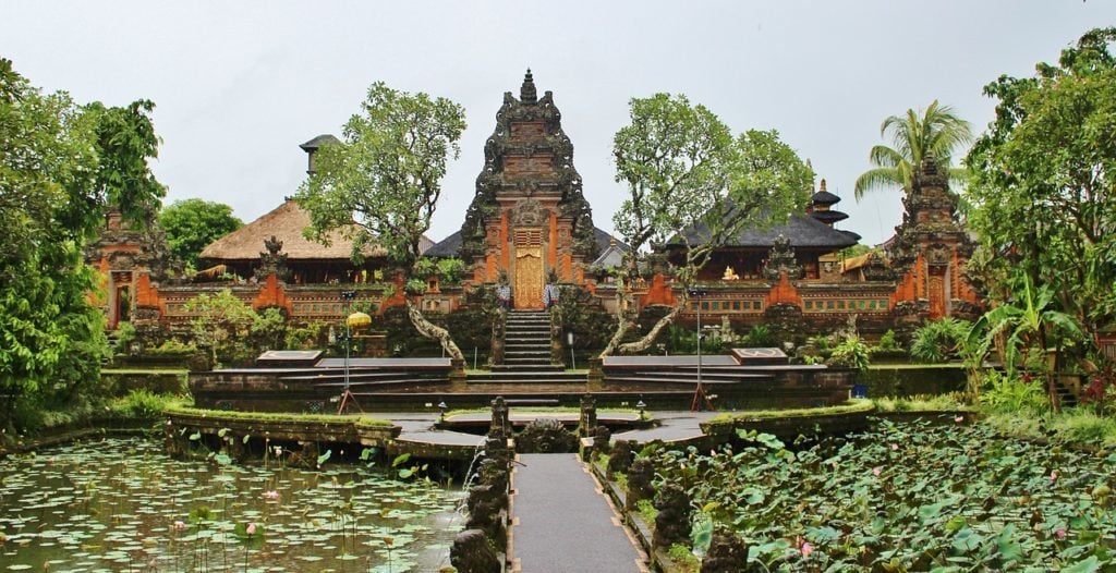 Saraswati Temple surrounded by lotus ponds