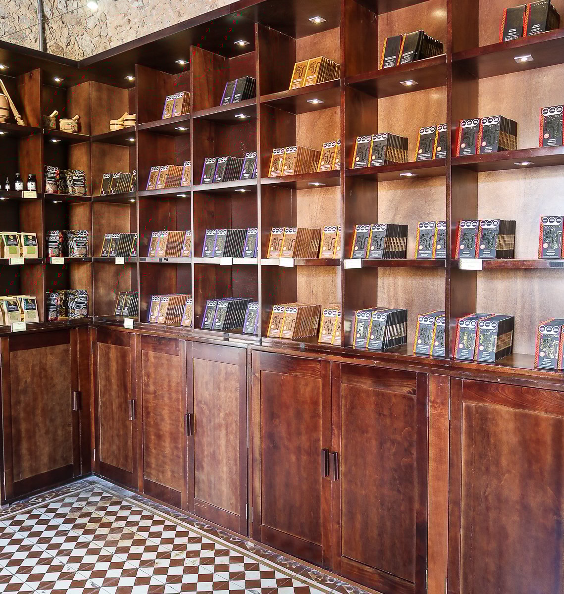 A shop with shelved lined with chocolate bars in Valladolid, Yucatan
