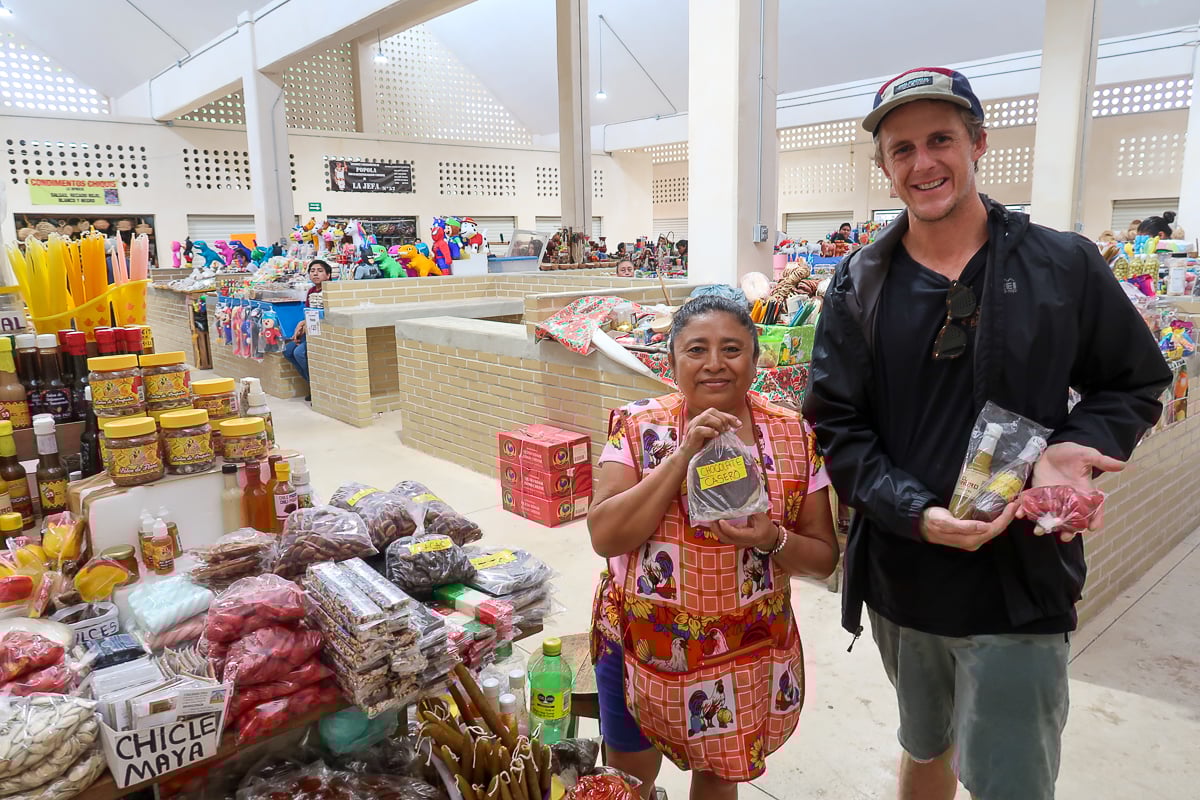 Cacey and a local vendor at the Mercado Municipal