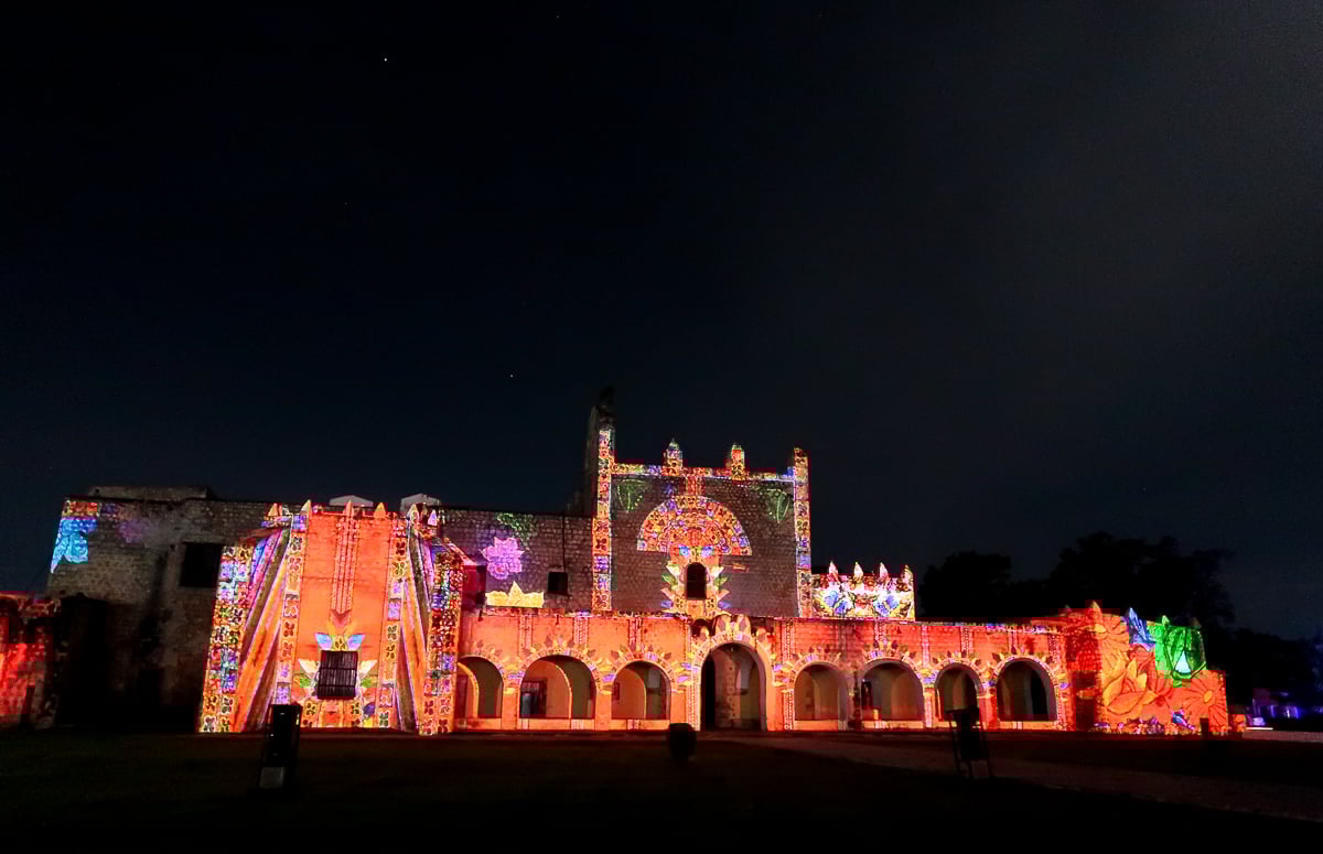 San Bernardino Convent being lit up at night with colorful lights during the video mapping light show