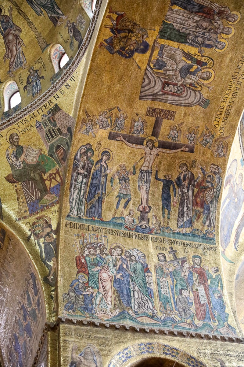 Murals made of gold tiles on the walls and ceilings inside of St. Mark's Basilica