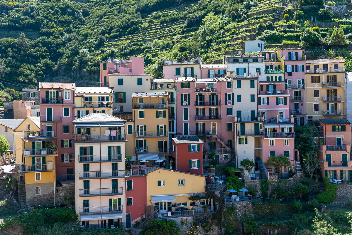 Colorful houses clinging to a lush mountainside covered in terraced farms
