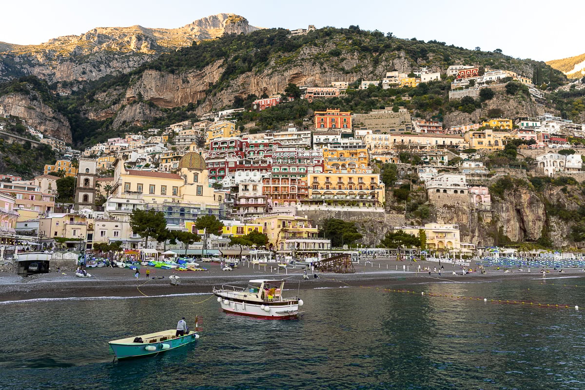 Colorful houses and a busy crowd in the coastal village of Positano