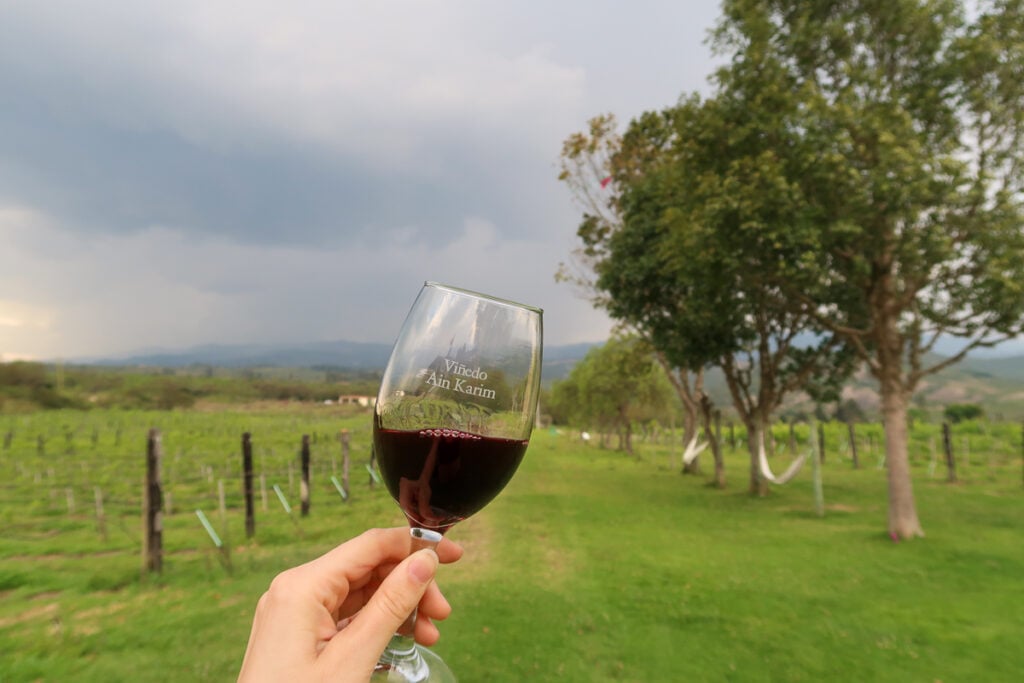 Holding a glass of red wine while visiting a winery in Villa de Leyva