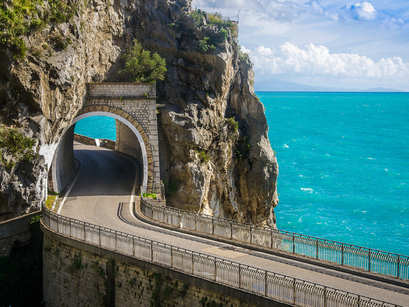 Tunnel and winding road in Amalfi Coast