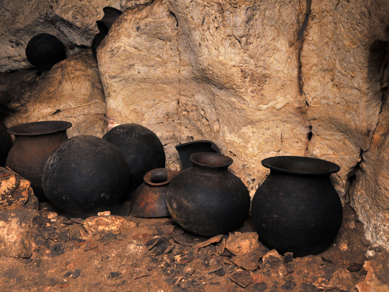 Ancient Mayan pots inside a cave in Belize