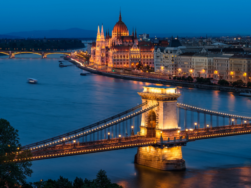View of the Chain Bridge at night from afar
