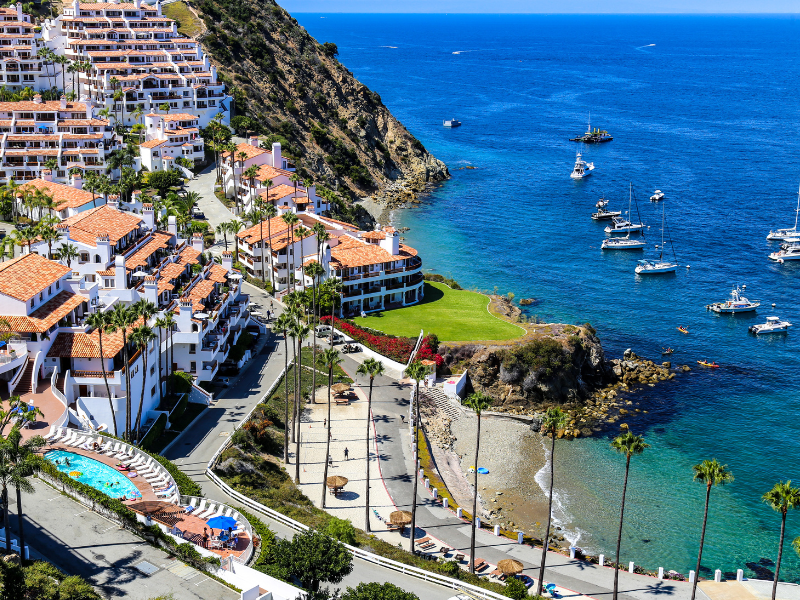 The deep blue water bay in Avalon, Catalina Island full of boats and yachts. Snorkeling and exploring nature at Catalina Island is a must on your California bucket list!