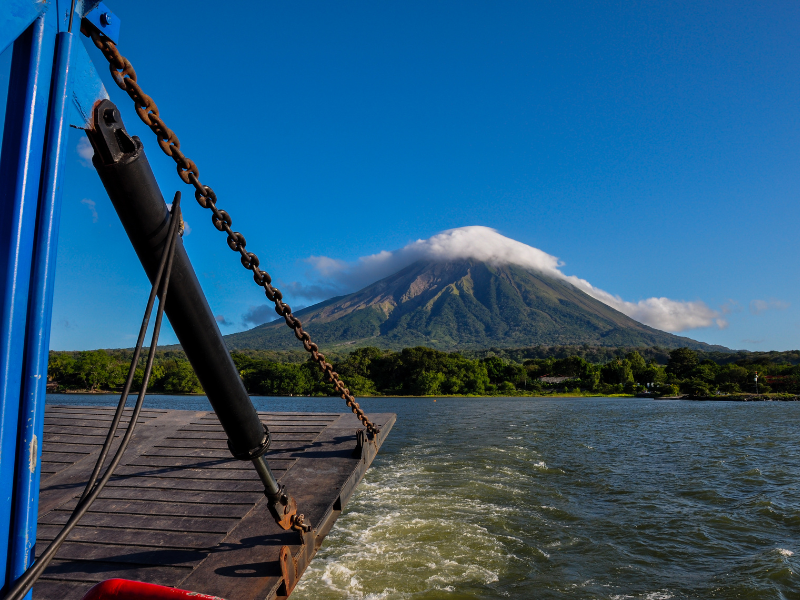 View of a volcano from a ferry going to Ometepe Island