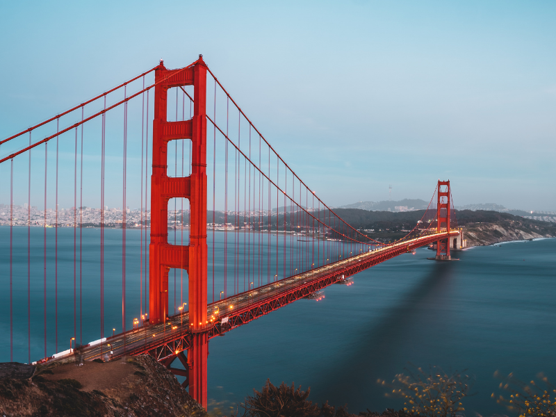 the golden gate bridge and glistening sea water in San Francisco