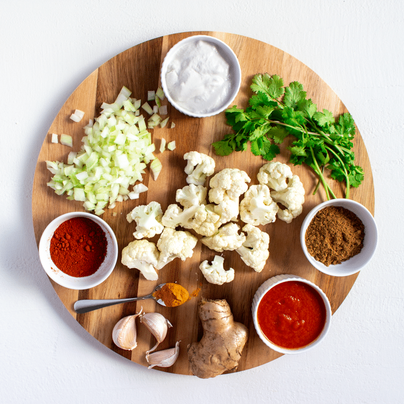 Ingredients for easy cauliflower tikka masala curry
