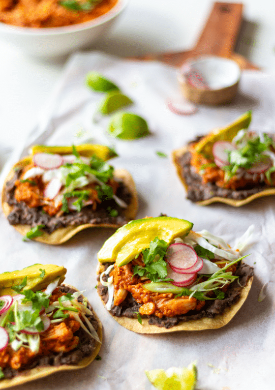 Smoky Jackfruit Tinga Tostadas with Refried Beans