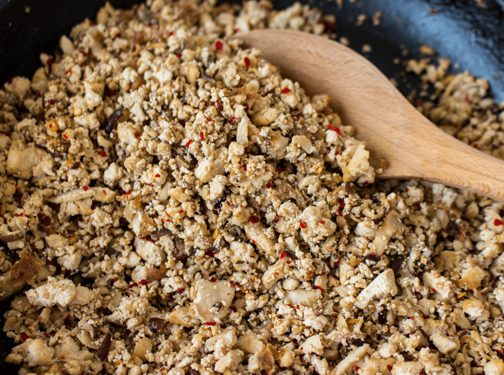 The tofu and mushrooms for the vegetarian larb.